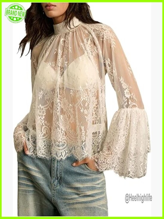 Tops - Lace Sheer Ruffle Blouse Mock Neck Bell Long Sleeve Boho Flowy Top